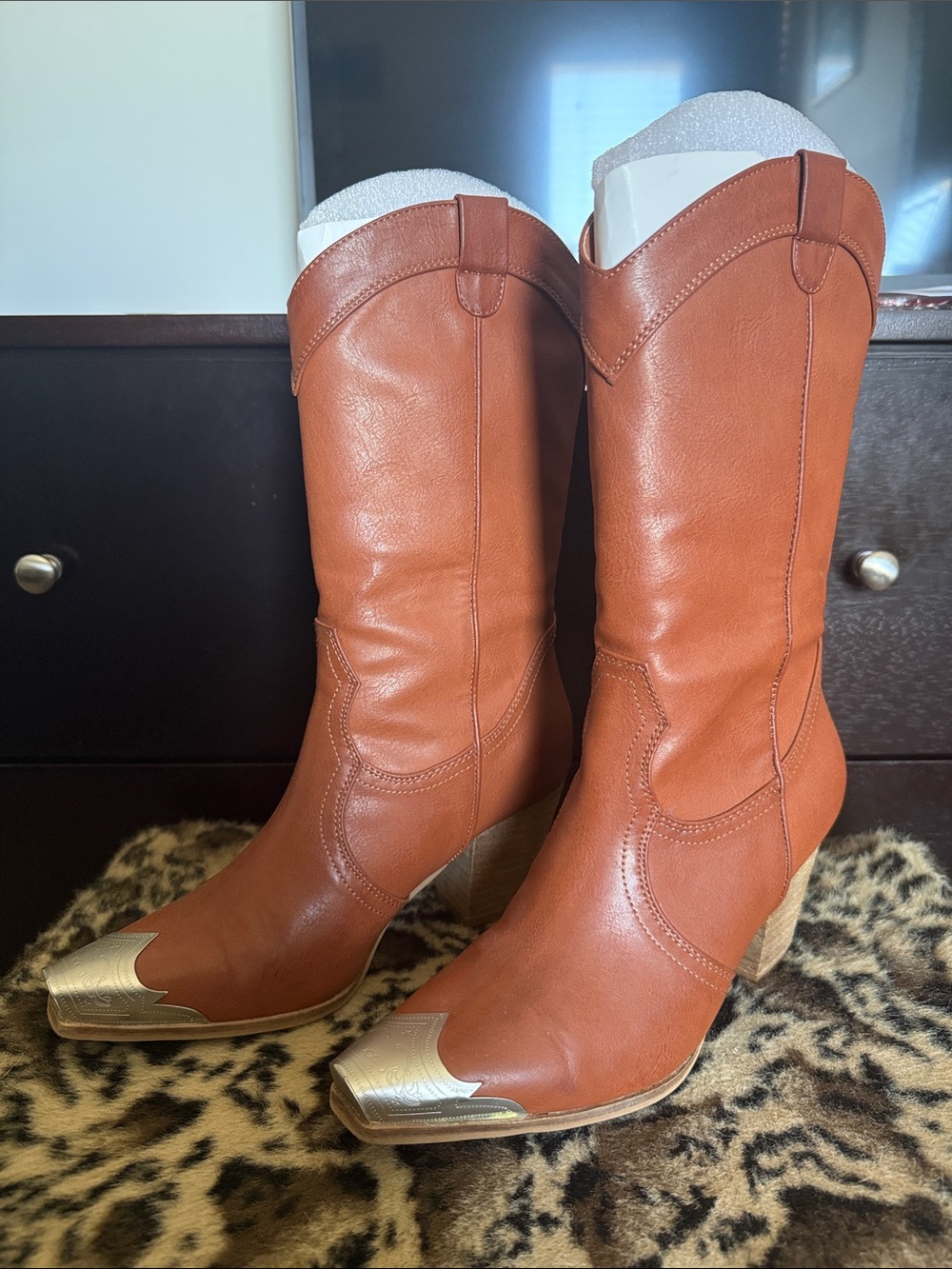 BEAST FASHION Brown Leather Western Mid-Calf Boots with Gold Metallic Toe